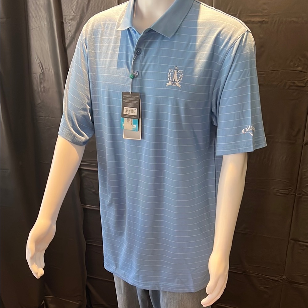 BRAND NEW Callaway Blue Polo Shirt with Thin White Stripes